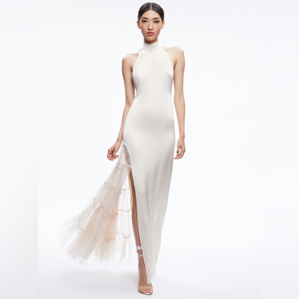 Alice + Olivia Ryn Slit Tulle Panel Maxi Dress in size 8 Champagne color